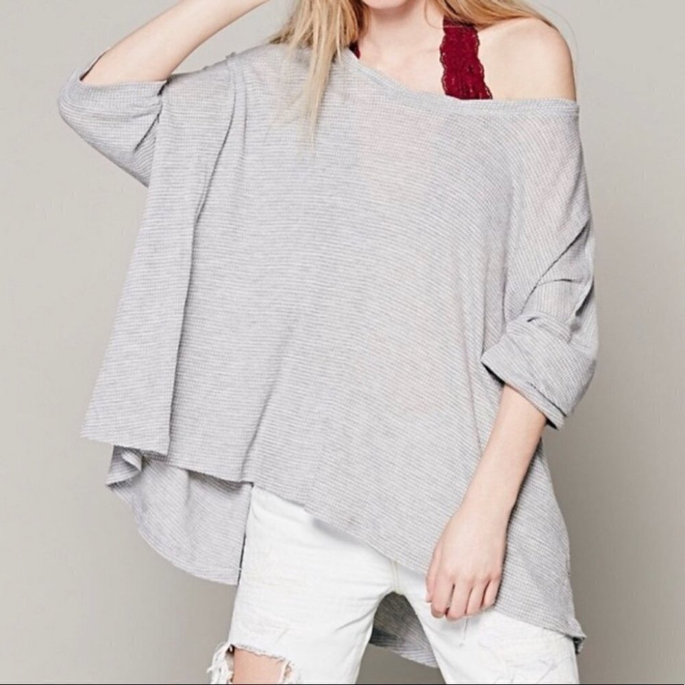 Free People Gray Storyteller Waffle Knit Open Back Oversized Top XS